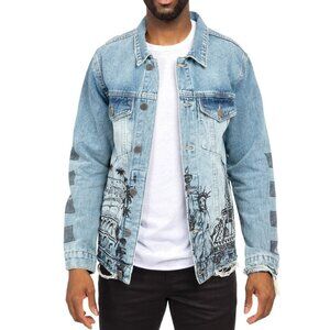 Victorious men M washed world tour denim jean jacket coat grungecore street punk